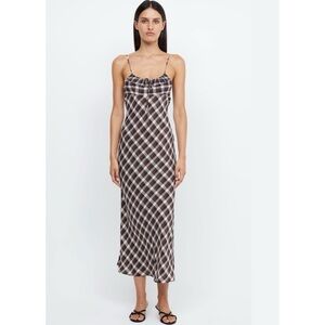 Bec + Bridge silk blend tie midi dress in basket weave check NEW